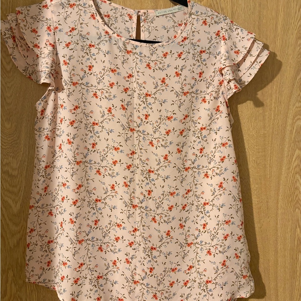 Active USA Light Pink Floral Flutter-Sleeve Top